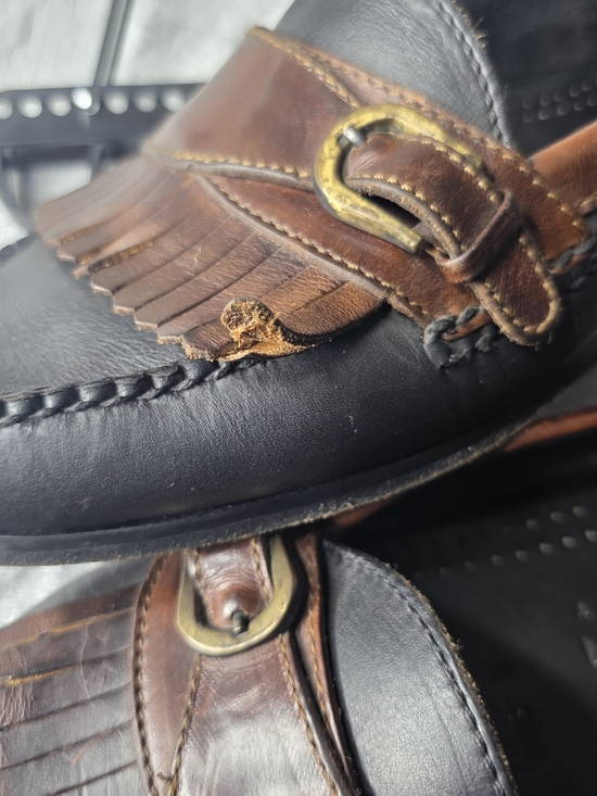 Cole Haan Black and Brown Kiltie Loafers with Buckle